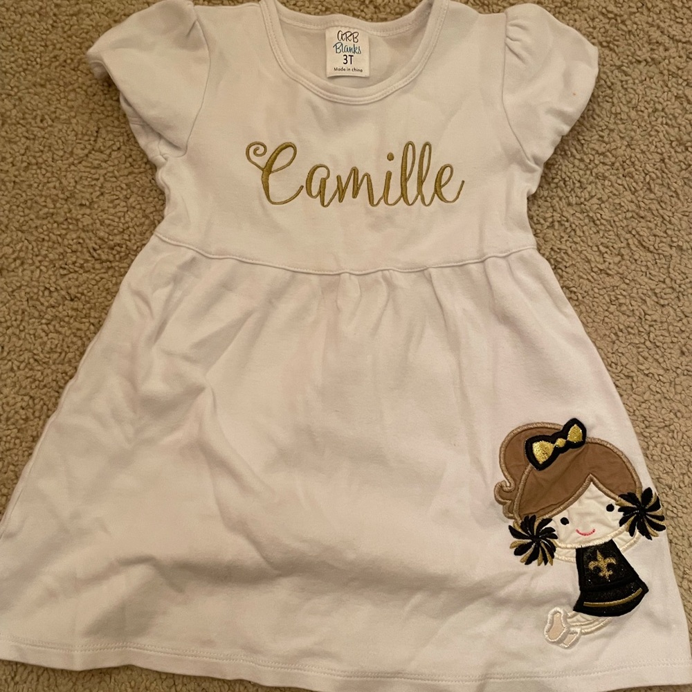 “Camille” monogrammed white Saints dress 3t with appliqué